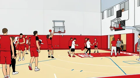 A basketball resting on a polished hardwood gymnasium floor
