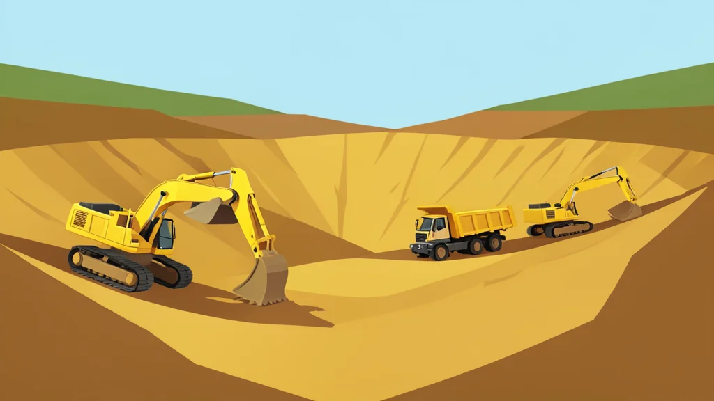 A gold mine pit with heavy excavators and haul trucks moving earth