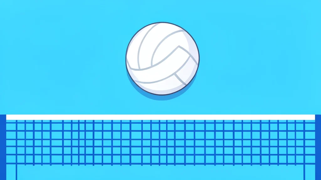 A white volleyball suspended in mid-air above a blue indoor court net
