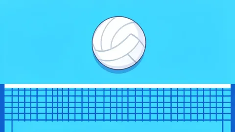 A white volleyball suspended in mid-air above a blue indoor court net