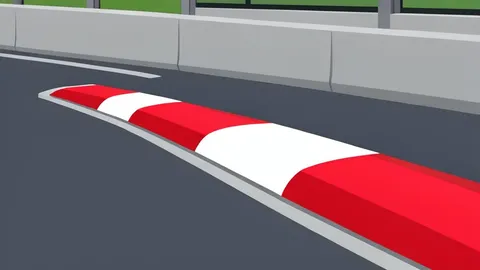 A winding asphalt street circuit with red and white curbs and concrete barriers.