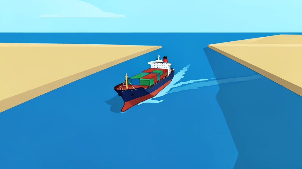 A cargo ship navigating the narrow waters of the Strait of Hormuz between rocky shores.