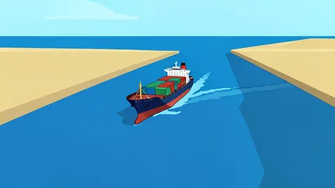 A cargo ship navigating the narrow waters of the Strait of Hormuz between rocky shores.