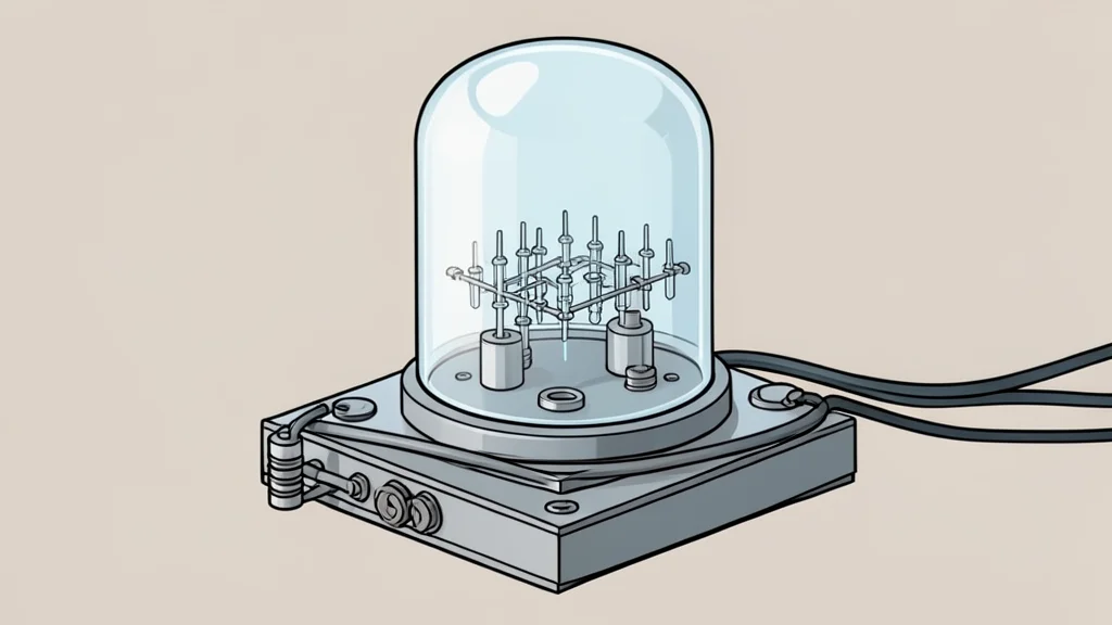 A stylized quantum computer processor with superconducting circuits and cooling hardware