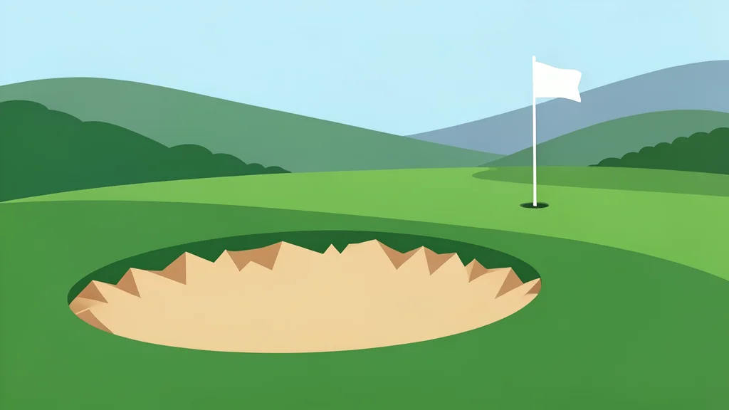 A flat vector illustration of a green golf course featuring a sand bunker and a distant flagstick.