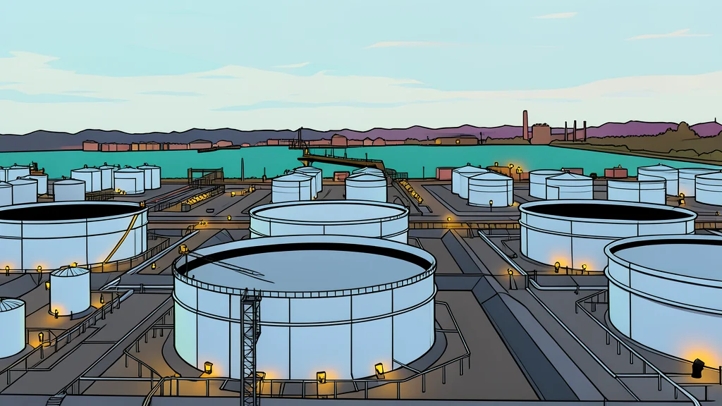 A flat vector illustration of a large industrial oil refinery with storage tanks and processing pipes.