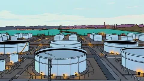 A flat vector illustration of a large industrial oil refinery with storage tanks and processing pipes.