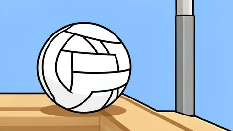A white volleyball resting on a wooden gymnasium floor near a net post