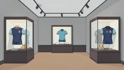 A museum gallery interior featuring display cases with athletic uniforms and medals