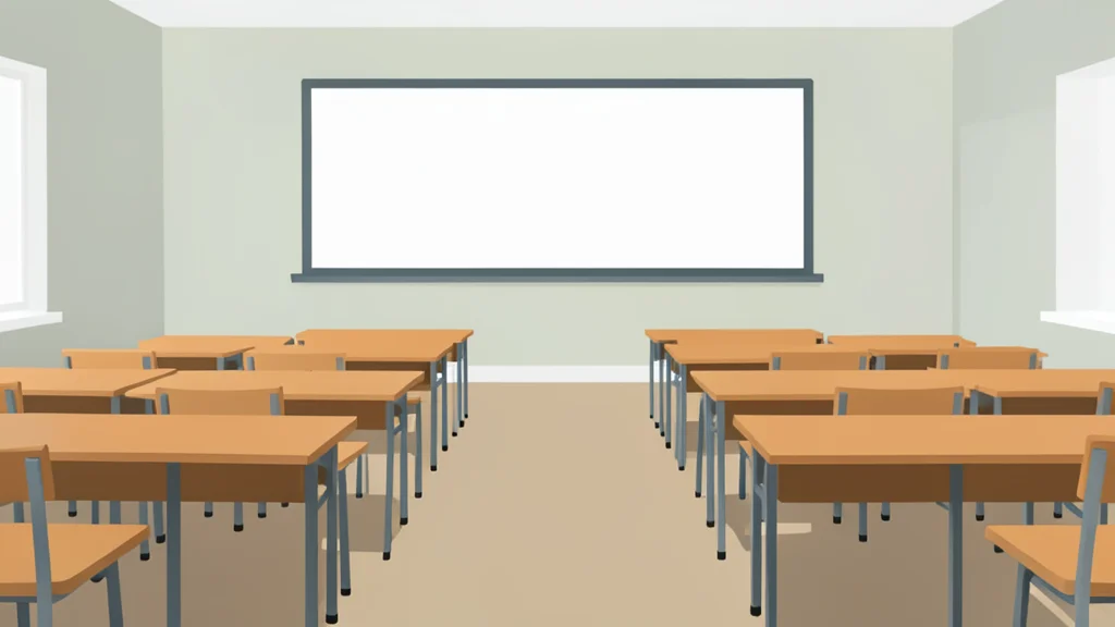 A classroom with rows of empty desks and a plain whiteboard