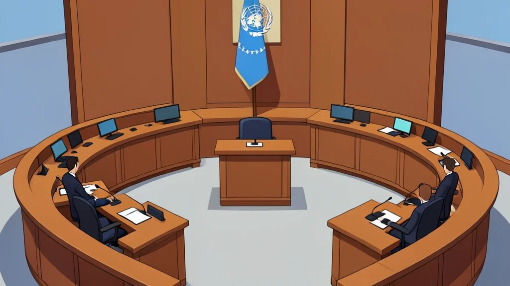 A flat vector illustration of the United Nations Security Council chamber with curved wooden desks.