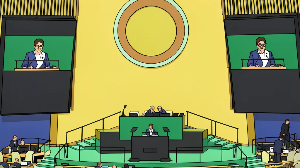 A flat vector illustration of a large circular assembly hall with tiered seating and a central podium.
