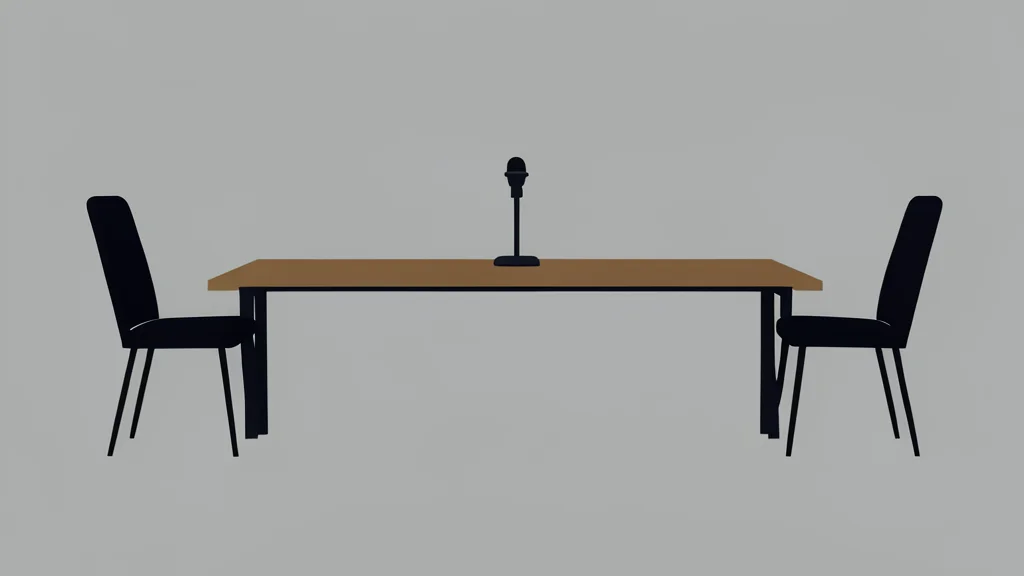 A flat-vector illustration of a diplomatic summit table with two chairs and a central microphone.