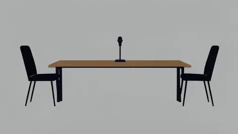 A flat-vector illustration of a diplomatic summit table with two chairs and a central microphone.