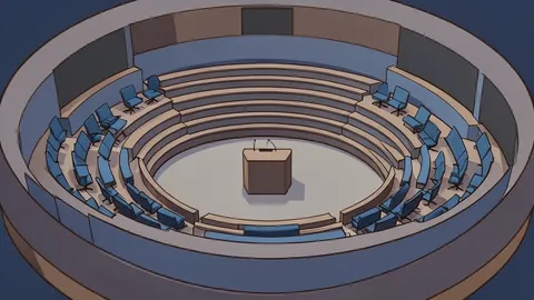 A wide view of a large, circular conference hall with tiered seating and a central podium.