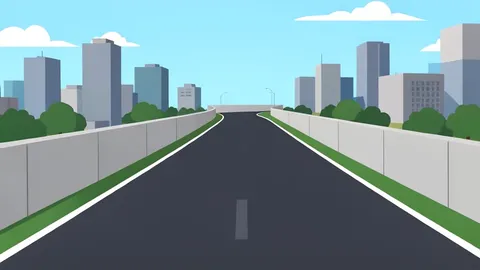 A smooth asphalt racing circuit winding through a city with high concrete walls.