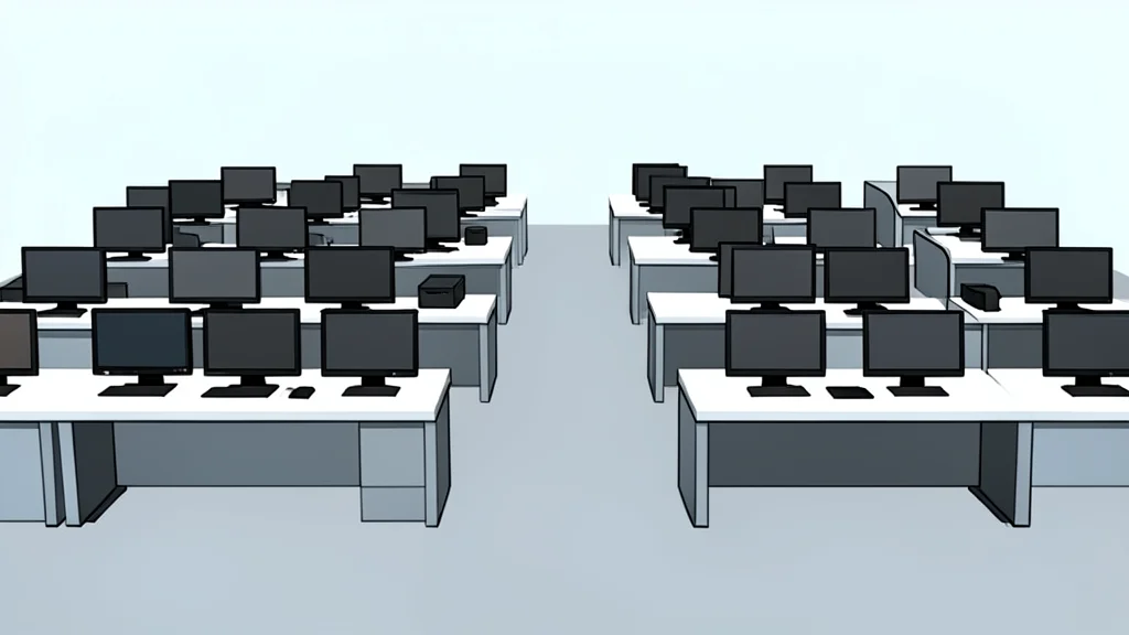 A flat vector illustration of a trading floor with rows of desks and computer monitors.
