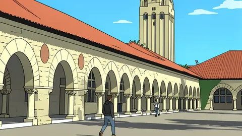 A flat-vector illustration of a university dining hall with long wooden tables and chairs.