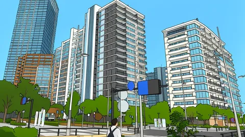 A modern high-rise residential building facade with balconies