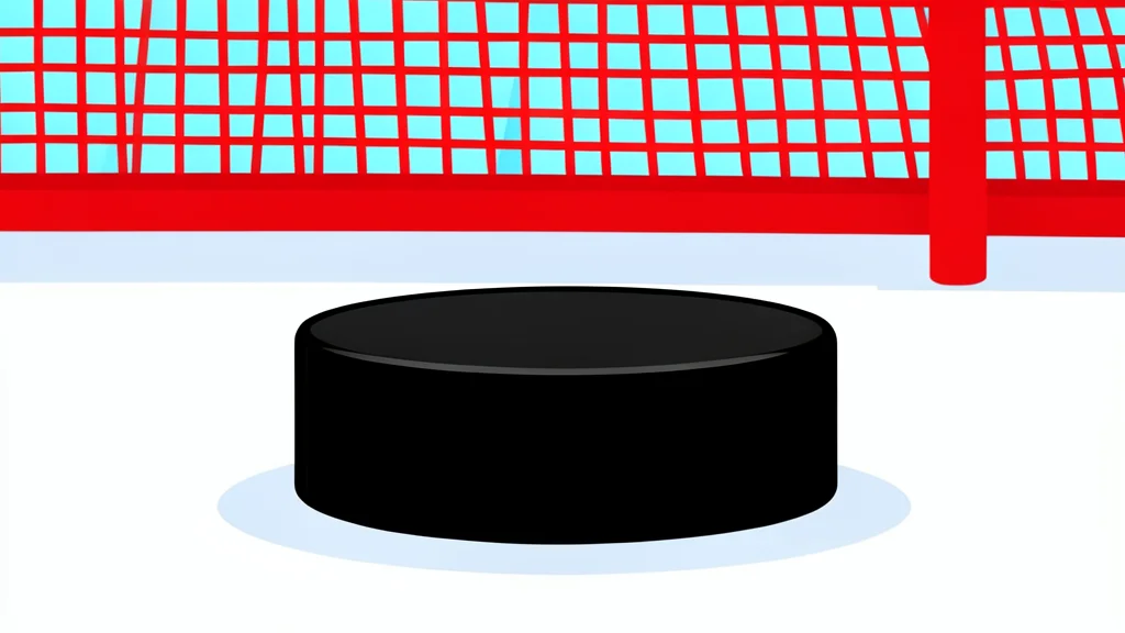 A flat vector illustration of a hockey puck resting on white ice near a goal net.