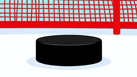 A flat vector illustration of a hockey puck resting on white ice near a goal net.