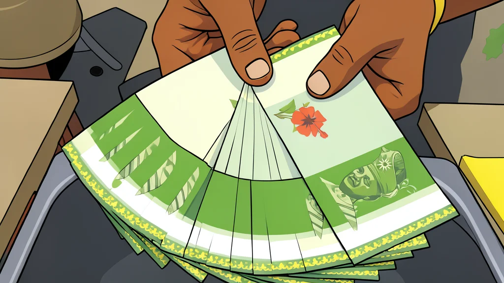 A stack of Malaysian ringgit banknotes resting on a wooden desk next to a US dollar bill