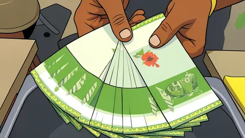 A stack of Malaysian ringgit banknotes resting on a wooden desk next to a US dollar bill