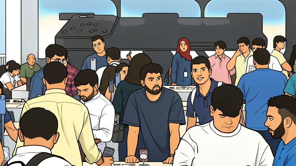 A long line of people standing outside a sleek, modern glass building.