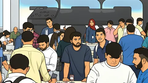 A long line of people standing outside a sleek, modern glass building.