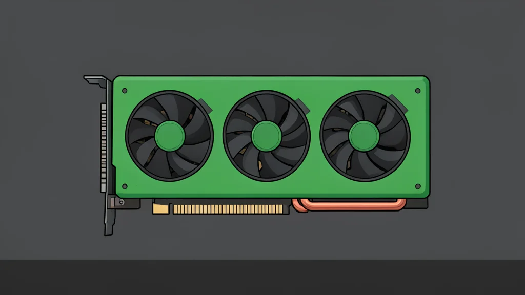 A green graphics card with multiple cooling fans and copper heat pipes resting on a dark workbench