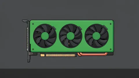 A green graphics card with multiple cooling fans and copper heat pipes resting on a dark workbench