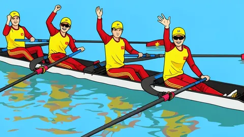 A wooden rowing shell gliding across a calm river surface
