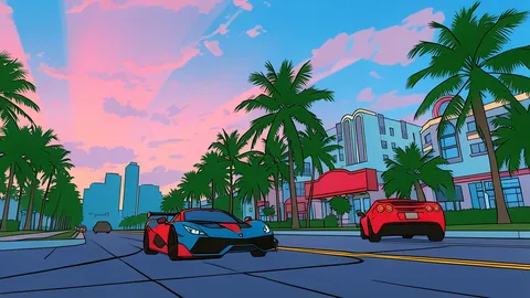 A sprawling, sun-drenched coastal city with palm trees and colorful buildings