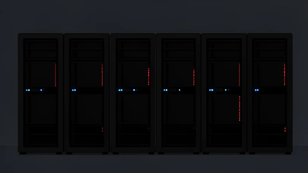 A row of black server racks with blinking status lights in a dimly lit data center