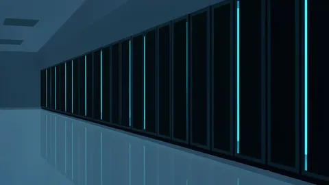 A row of humming server racks in a dimly lit data center