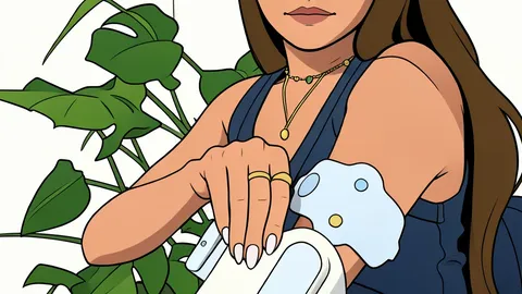A small, white, rectangular electronic device with a smooth surface, worn on the upper arm of a person, connected by a thin cable to a smartphone held in the other hand.