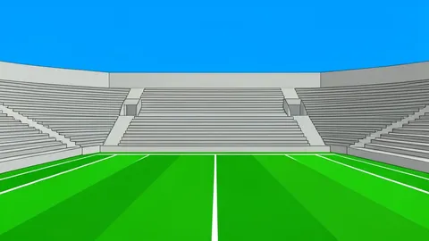 A large outdoor stadium with green grass and white yard lines, surrounded by tiered concrete seating under a clear sky.