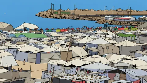 A construction site in a coastal city with heavy machinery and piles of rubble