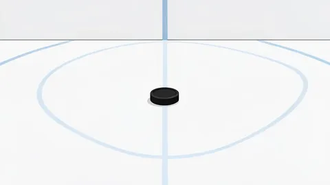 A flat vector illustration of an ice hockey rink with a puck resting on the white ice surface.