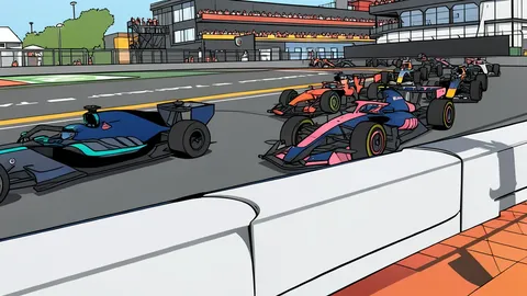 A concrete racing circuit with red and white curbing and asphalt surface.