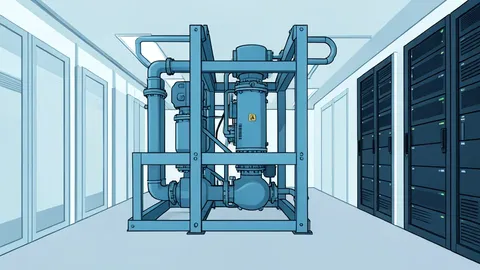A large industrial steel frame unit with integrated pumps and heat exchangers in a technical corridor next to server racks
