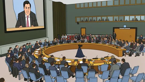 A flat vector illustration of a curved glass and stone building representing the United Nations headquarters.