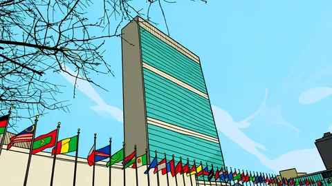A flat vector illustration of the United Nations Headquarters building facade in New York.