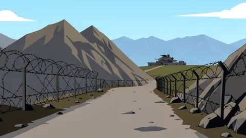 A rugged mountain pass with barbed wire fencing and a distant military outpost.