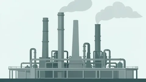 A large industrial oil refinery with tall smokestacks and complex piping structures