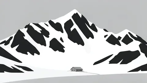 A rugged, snow-covered mountain landscape with exposed dark rock outcrops and a small, isolated field camp structure.