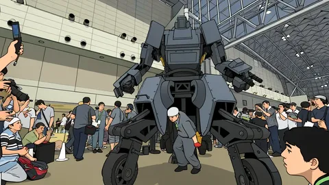 A flat-vector illustration of a humanoid robot standing in a military training facility