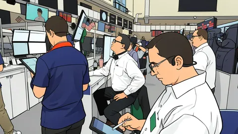 A flat vector illustration of a busy trading floor with rows of desks and computer monitors.
