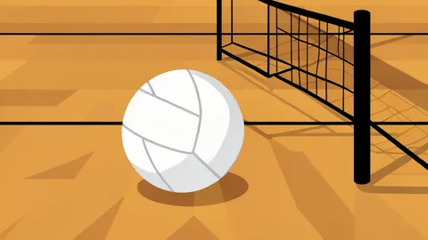A white volleyball resting on a polished wooden gymnasium floor near a net post