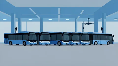 A row of electric buses parked in a depot